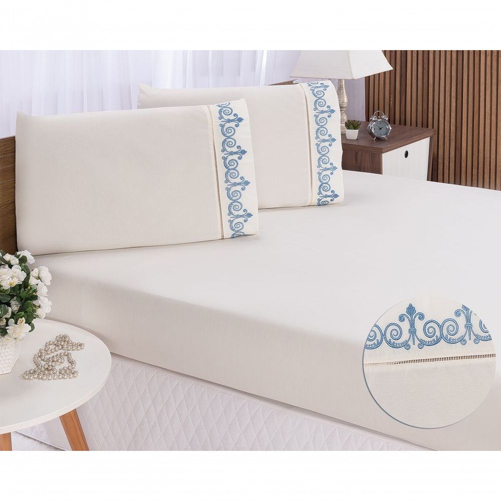 Encontraproduto.com.br - Jogo lençol quarto casal queen bordado 3peças Palha com Azul