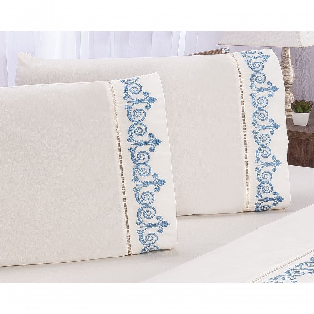 Encontraproduto.com.br - Jogo lençol quarto casal queen bordado 3peças Palha com Azul