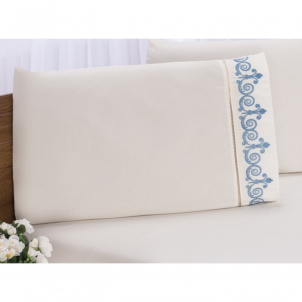 Encontraproduto.com.br - Jogo lençol quarto casal queen bordado 3peças Palha com Azul