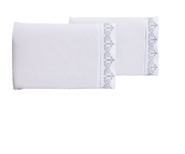 Jogo lençol Padrão quarto casal bordado 3 peças branco cinza