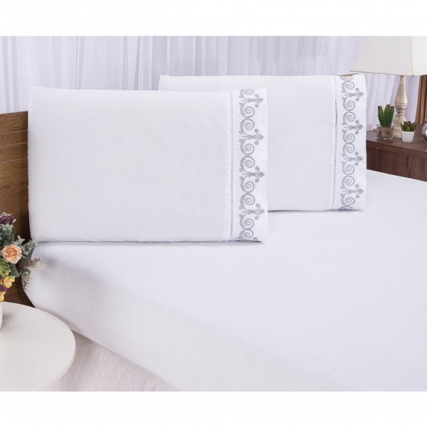 Encontraproduto.com.br - Jogo lençol Padrão quarto casal bordado 3 peças branco cinza