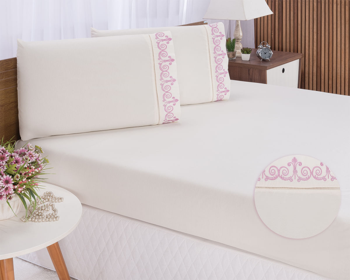Jogo lençol quarto casal Padrão bordado 3 pç Palha com Rose