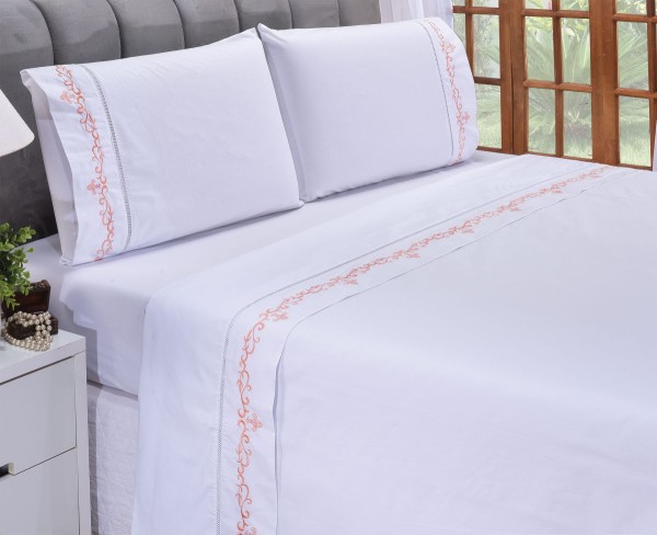 Jogo Lençol Imperial Quarto Casal Queen Bordado 4 Peças 2fronha , Branco Com Salmão
