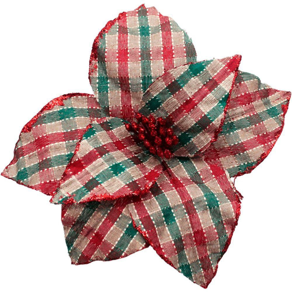 Encontraproduto.com.br - Kit 4 Flores Artificiais Xadrez Gliter Artesanal Natal 30cm