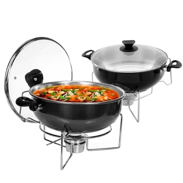 Encontraproduto.com.br - Kit 2 Rechaud Preto A álcool Com Tampa De Vidro 6,5l