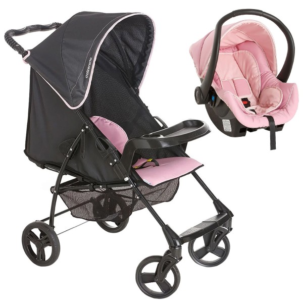 Encontraproduto.com.br - Carrinho Bebe Berço Passeio Galzerano De 0 Até 15Kg TS Romano Preto e Rosa + Bebê Conforto Até 13Kg