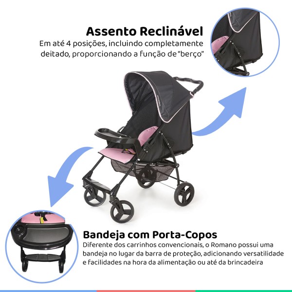 Encontraproduto.com.br - Carrinho Bebe Berço Passeio Galzerano De 0 Até 15Kg TS Romano Preto e Rosa + Bebê Conforto Até 13Kg