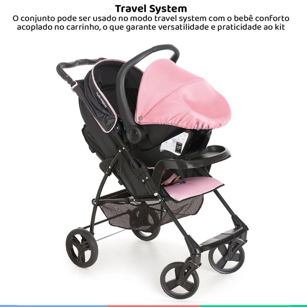Encontraproduto.com.br - Carrinho Bebe Berço Passeio Galzerano De 0 Até 15Kg TS Romano Preto e Rosa + Bebê Conforto Até 13Kg