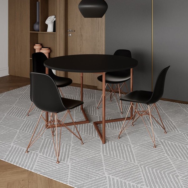 Encontraproduto.com.br - Mesa Industrial Jantar Redonda Preta 110Cm Base V Com 4 Cadeiras Eames Pretas Base Cobre Preto