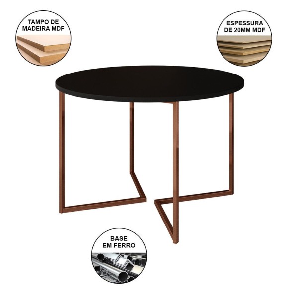 Encontraproduto.com.br - Mesa Industrial Jantar Redonda Preta 110Cm Base V Com 4 Cadeiras Eames Pretas Base Cobre Preto