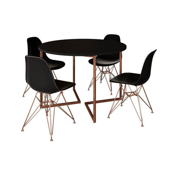 Encontraproduto.com.br - Mesa Industrial Jantar Redonda Preta 110Cm Base V Com 4 Cadeiras Eames Pretas Base Cobre Preto