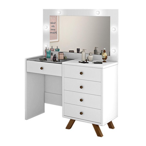 Encontraproduto.com.br - Penteadeira Camarim Com Espelho Banqueta Almofadada E Luzes Led Luna Branco