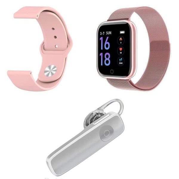 Kit 1 Smartwatch Rosa + Pulseira Extra + Fone Fio Branco