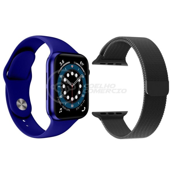 Encontraproduto.com.br - Kit 1 Smartwatch W46 S Azul + 1 Pulseira Extra Preto
