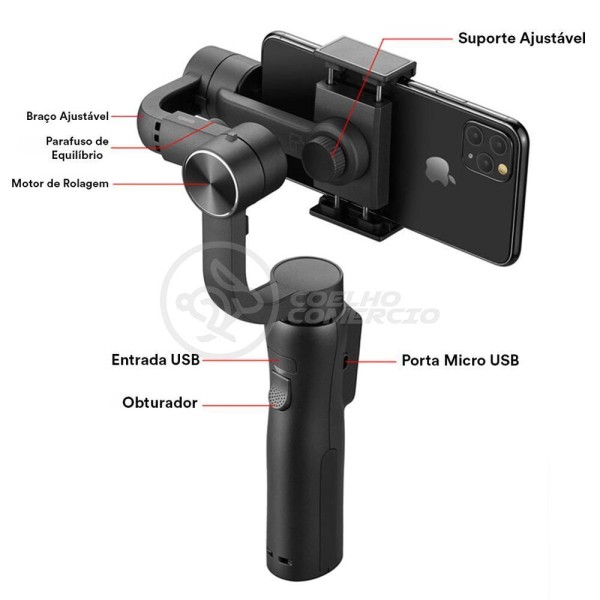 Encontraproduto.com.br - Estabilizador De Mão Eletrônico Portátil 3 Eixos Bluetooth