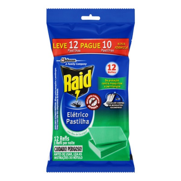 Repelente Elétrico Pastilha 12 Noites Óleo de Eucalipto Raid Pacote Leve 12 Pague 10 Unidades Refil