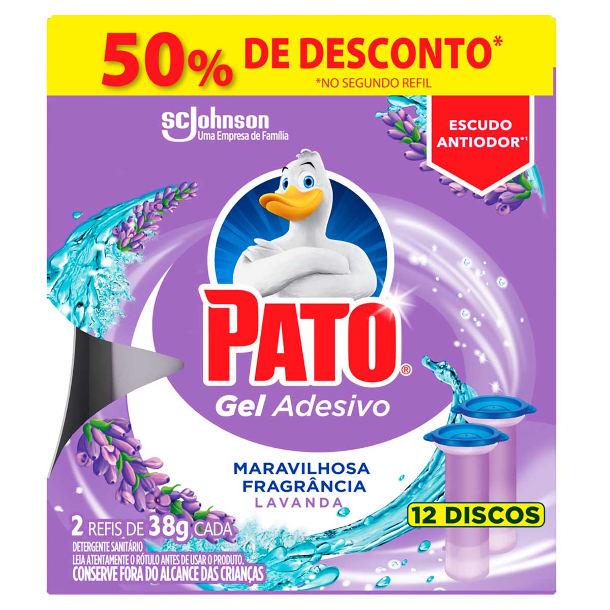 Encontraproduto.com.br - Desodorizador Sanitário Pato Gel Adesivo Lavanda Caixeta com 2x38g