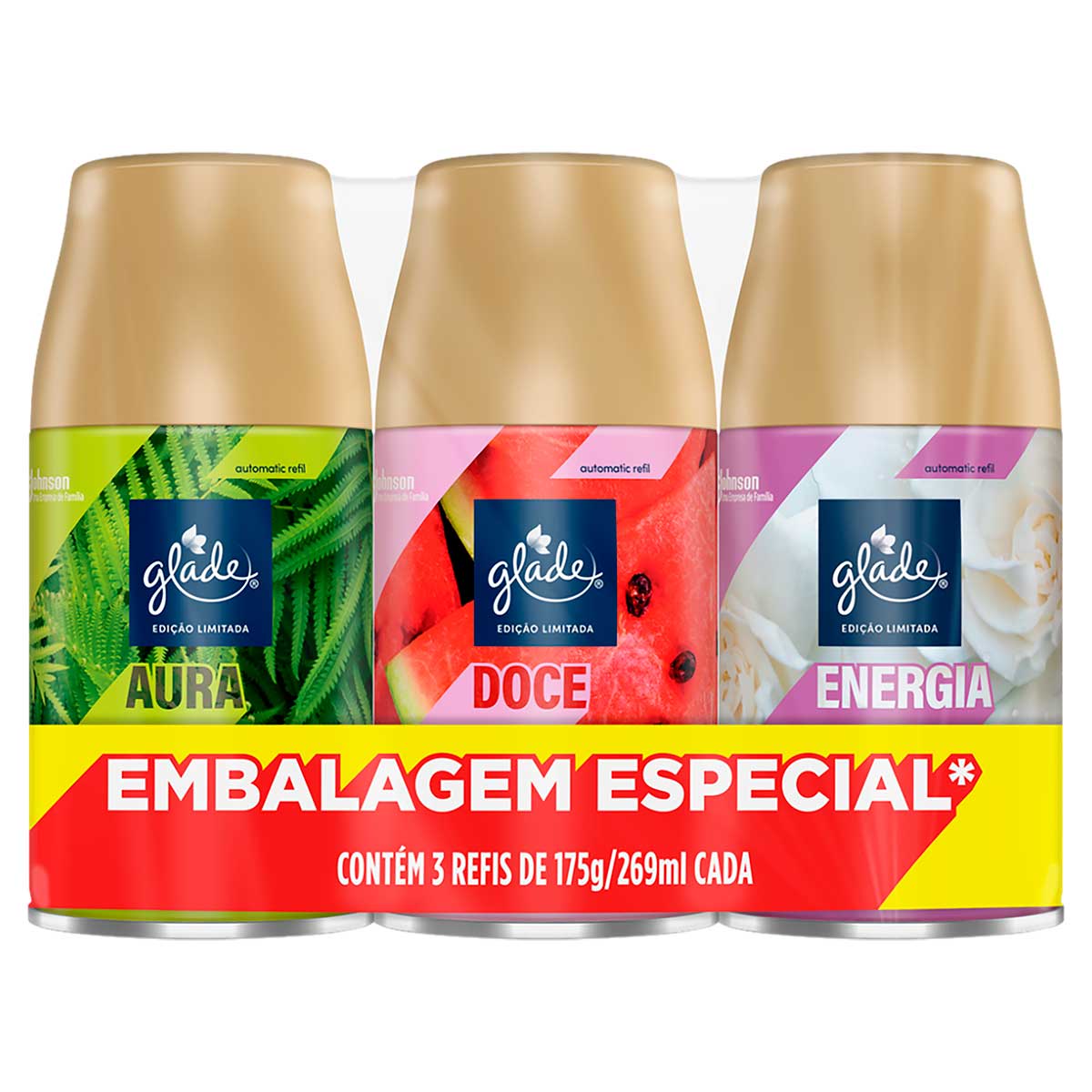 Encontraproduto.com.br - Kit Odorizador de Ambiente Aura Fresh + Doce Astral + Energia Floral Glade Automatic 269ml Cada Spray Refil