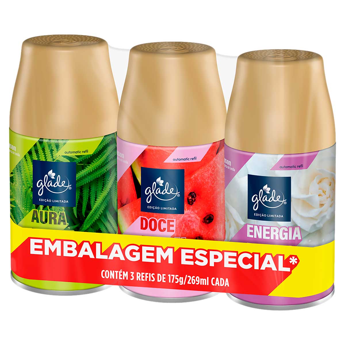 Encontraproduto.com.br - Kit Odorizador de Ambiente Aura Fresh + Doce Astral + Energia Floral Glade Automatic 269ml Cada Spray Refil