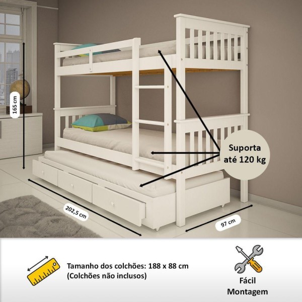 Encontraproduto.com.br - Treliche De Madeira Solteiro Com 3 Gavetas De Exclusivo Totalità Cor:branco