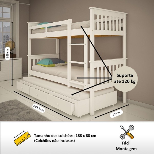 Encontraproduto.com.br - Treliche De Madeira Solteiro Com 3 Gavetas De Exclusivo Totalità Cor:branco