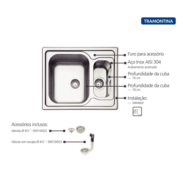 Encontraproduto.com.br - Cuba de Sobrepor Tramontina Marea 1.5 C 34 em Aço Inox Acetinado com Válvula 62 x 50 cm