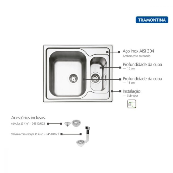Encontraproduto.com.br - Cuba de Sobrepor Tramontina Marea 1.5 C 34 em Aço Inox Acetinado com Válvula 62 x 50 cm