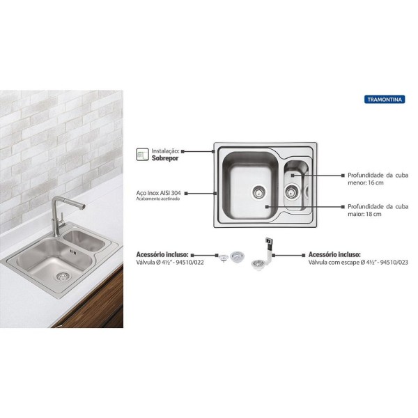 Encontraproduto.com.br - Cuba de Sobrepor Tramontina Marea 1.5 C 34 em Aço Inox Acetinado com Válvula 62 x 50 cm