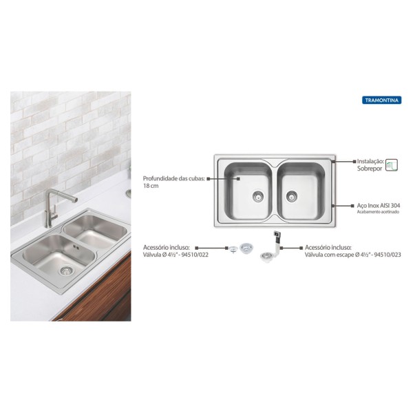 Encontraproduto.com.br - Cuba de Sobrepor Tramontina Marea 2 Cubas em Aço Inox com Acabamento Acetin