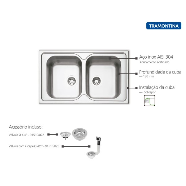 Encontraproduto.com.br - Cuba de Sobrepor Tramontina Marea 2 Cubas em Aço Inox com Acabamento Acetin