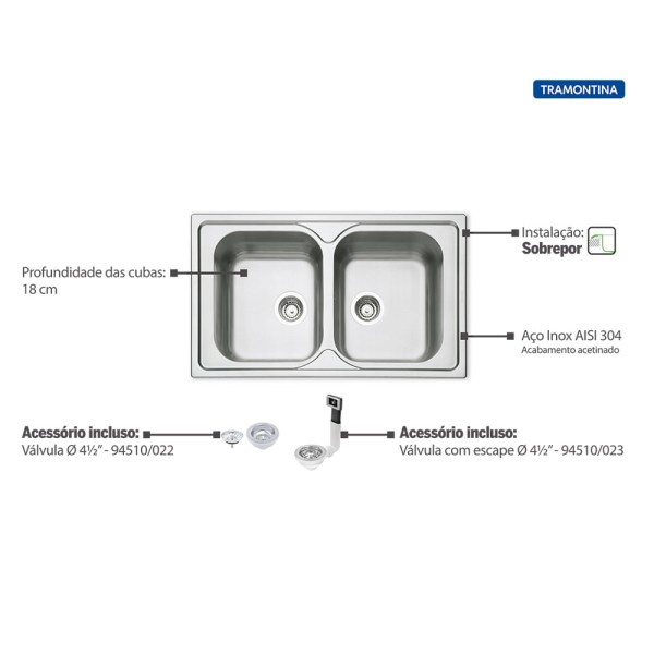 Encontraproduto.com.br - Cuba de Sobrepor Tramontina Marea 2 Cubas em Aço Inox com Acabamento Acetin