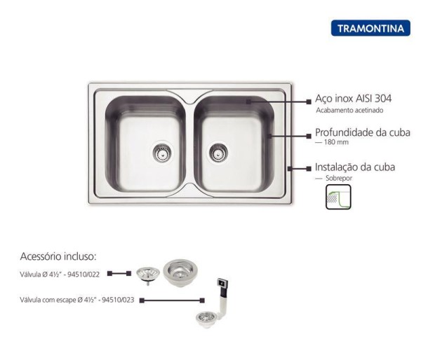 Encontraproduto.com.br - Cuba de Sobrepor Tramontina Marea 2 Cubas em Aço Inox com Acabamento Acetin