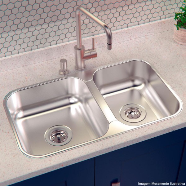 Encontraproduto.com.br - Cuba Dupla Tramontina Isis Perfecta em Aço Inox Polido 69 x 40 cm com Válvula 94062402
