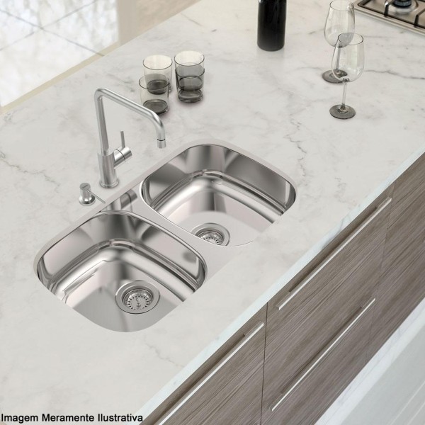 Encontraproduto.com.br - Cuba Dupla Tramontina Isis Perfecta em Aço Inox Polido 69 x 40 cm com Válvula 94062402