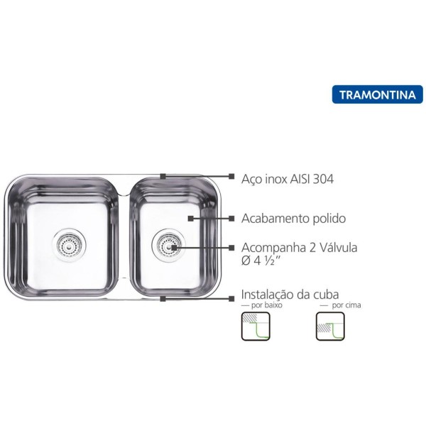 Encontraproduto.com.br - Cuba Dupla Tramontina Isis Perfecta em Aço Inox Polido 69 x 40 cm com Válvula 94062402