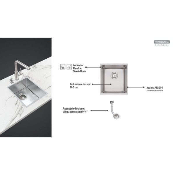 Encontraproduto.com.br - Cuba Tramontina Quadrum 34 em Aço Inox com Acabamento Scotch Brite 34 x 40 cm