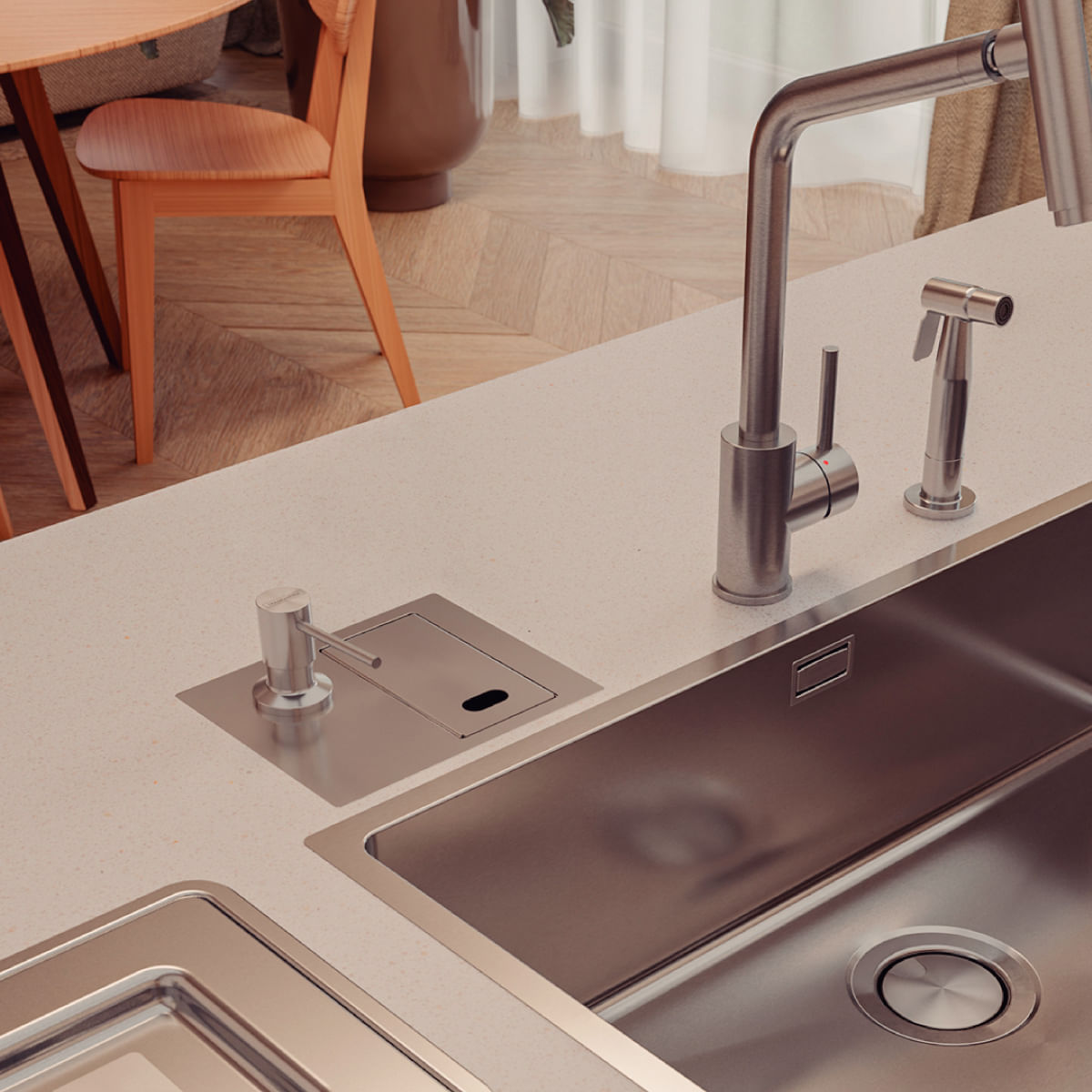Encontraproduto.com.br - Porta Esponja de embutir Tramontina com Tampa e Dosador de Sabão Líquido em Aço Inox