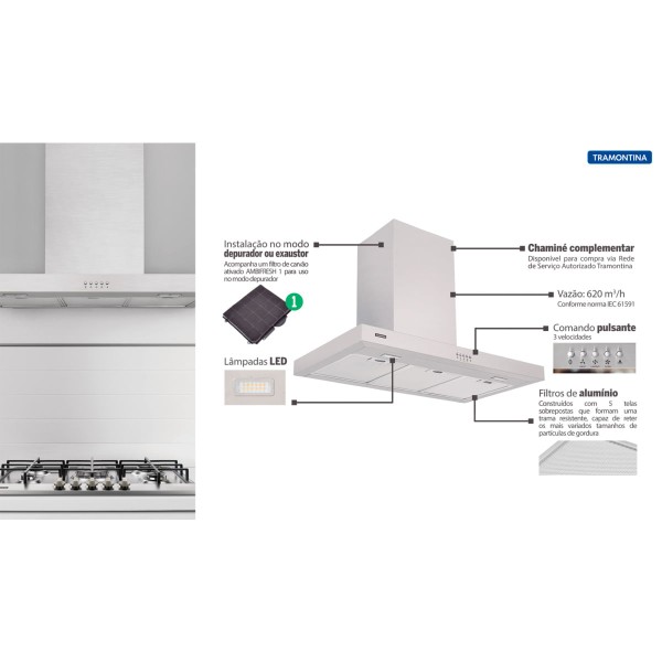 Encontraproduto.com.br - Coifa de Parede Tramontina New Dritta 90cm Inox