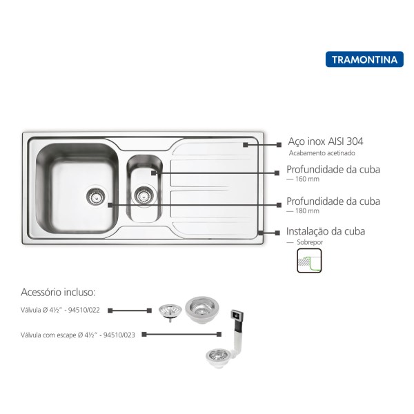 Encontraproduto.com.br - Cuba de Sobrepor Tramontina Marea 1 Cuba e Auxiliar em Aço Inox Acetinado 100 x 50 cm
