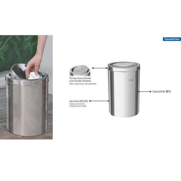 Encontraproduto.com.br - Lixeira Inox Tramontina Swing Scotch Brite e Tampa Basculante 12 Litros