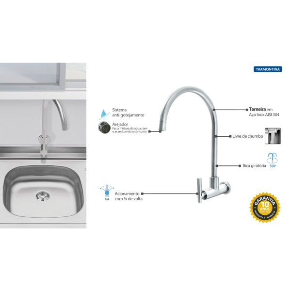 Encontraproduto.com.br - Torneira de Parede Tramontina Arko Wall em Aço Inox com sistema anti-gotejamento