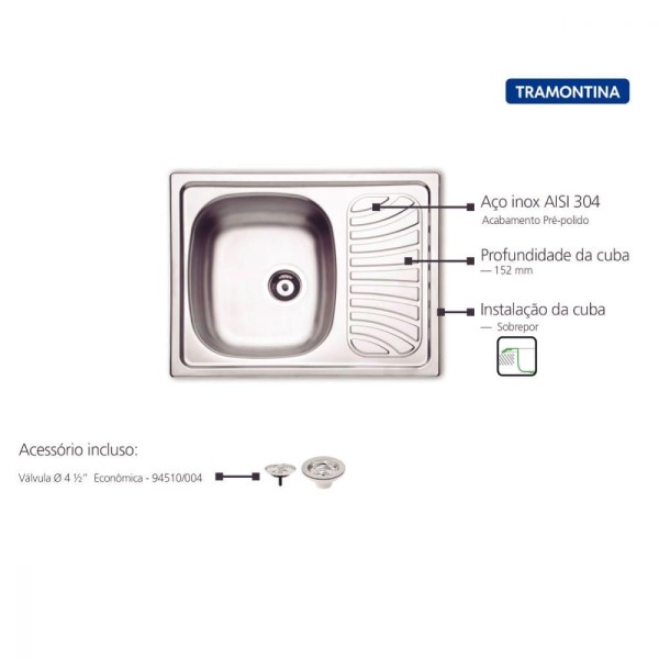 Encontraproduto.com.br - Cuba de Sobrepor Tramontina Alpha 34 R em Aço Inox Pré-polido 62 x 50 cm com Válvula