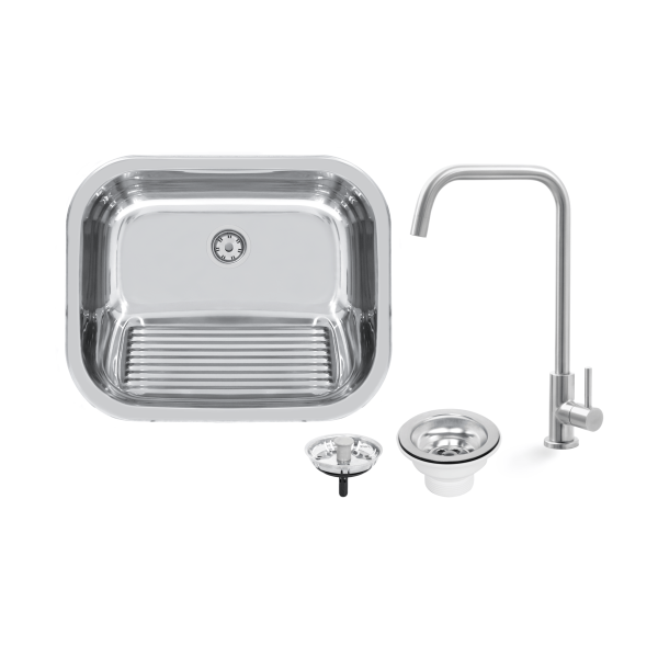 Encontraproduto.com.br - Tanque Tramontina Hera 30 L em Aço Inox Polido 50 x 40 cm com Torneira de Bancada e Válvula 94400417