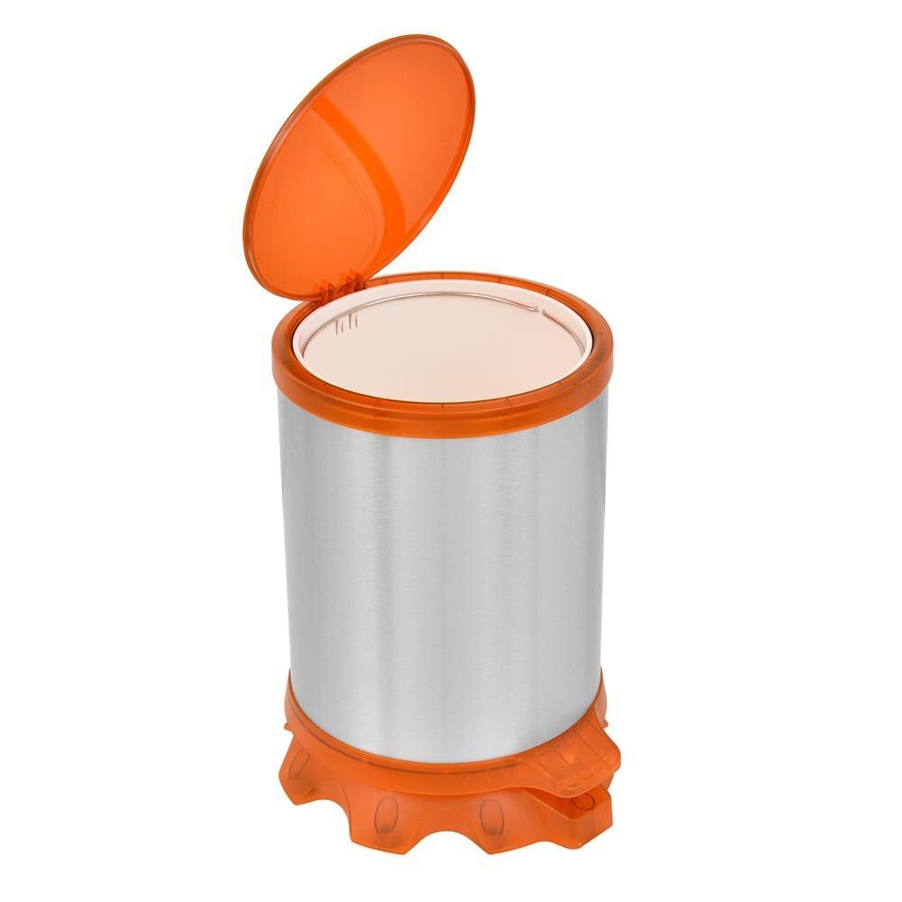 Encontraproduto.com.br - Lixeira Inox Tramontina Sofie Inox Scotch Brite e Detalhes em Plástico Translúcido Laranja com Pedal 5 L