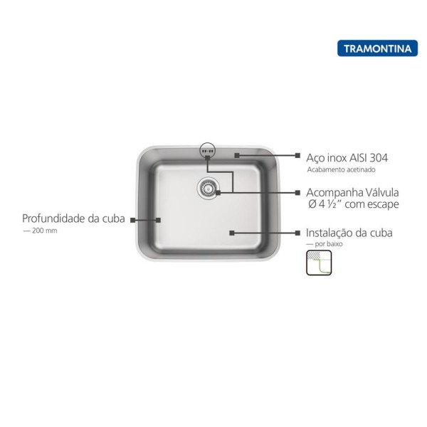 Encontraproduto.com.br - Cuba Retangular Inox 50X40 R6 Acetinada Tramontina