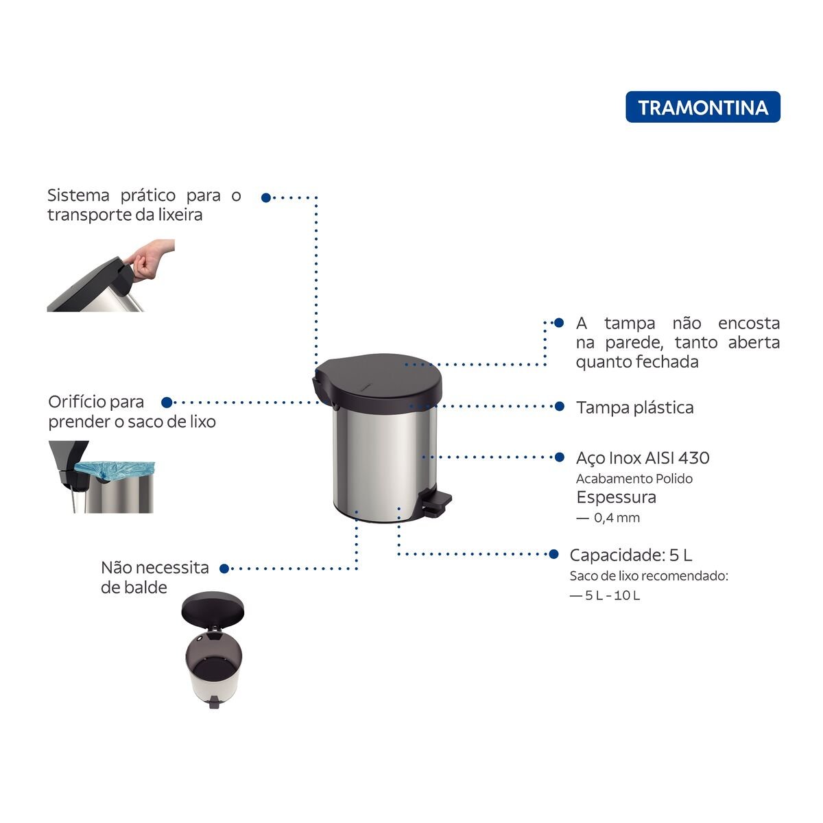 Encontraproduto.com.br - Lixeira 12 Litros com Pedal New Inox Tramontina
