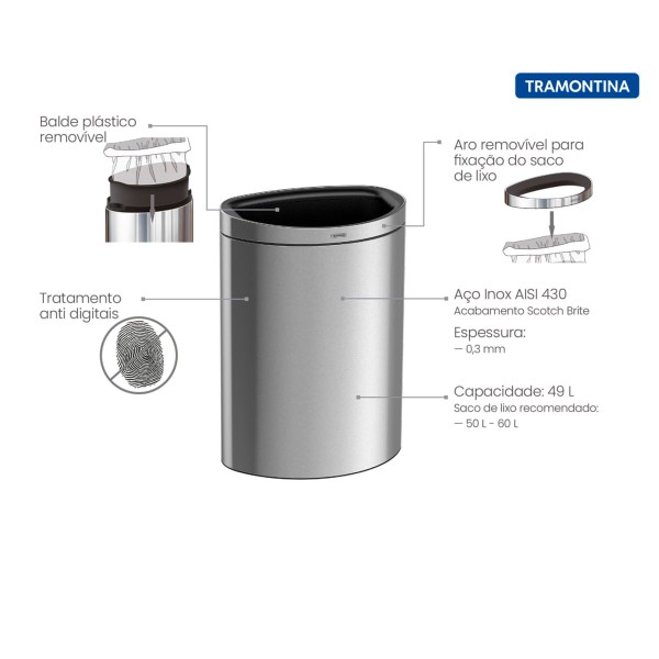 Encontraproduto.com.br - Lixeira Tipo D New Inox Balde Removível 49L Tramontina