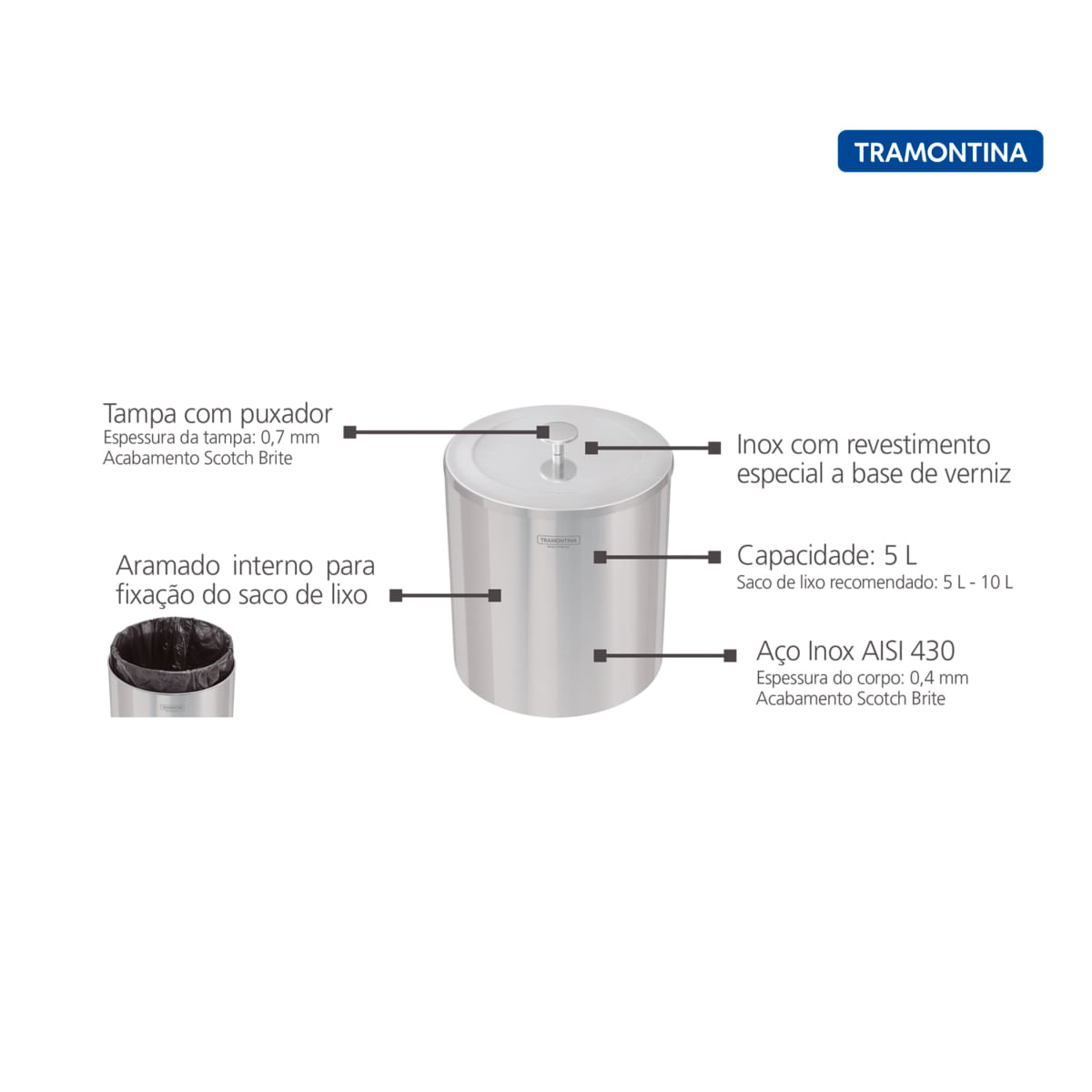 Encontraproduto.com.br - Lixeira Inox Tramontina Útil 5 Litros com Acabamento Scotch Brite OUTLET