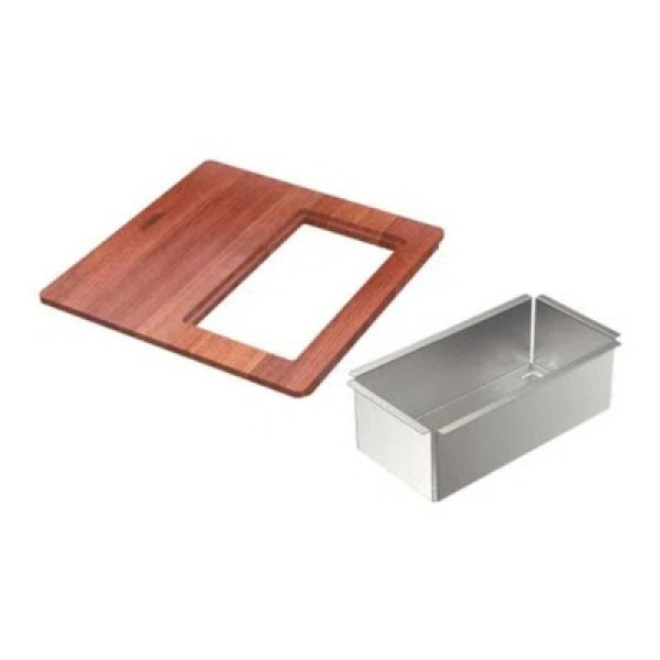Encontraproduto.com.br - Kit para Cubas Quadrum Tramontina com Tábua em Madeira 42 x 40 cm e Cesto Coador em Aço Inox Scotch Brite