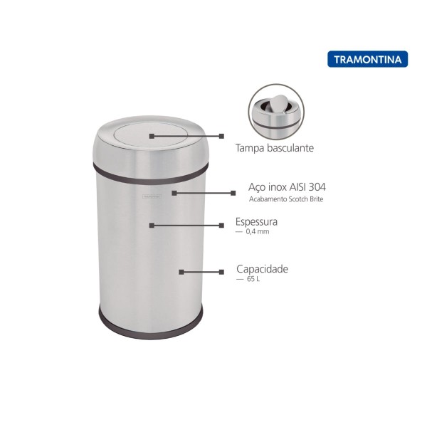Encontraproduto.com.br - Lixeira Tramontina Institucional em Aço Inox com Acabamento Escovado 65 Litros com Tampa Basculante